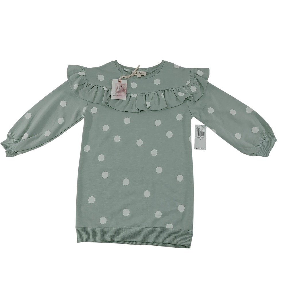 Jessica Simpson Girls Sweatshirt Dress 6 Green Polka Dot Cotton Ruffle New